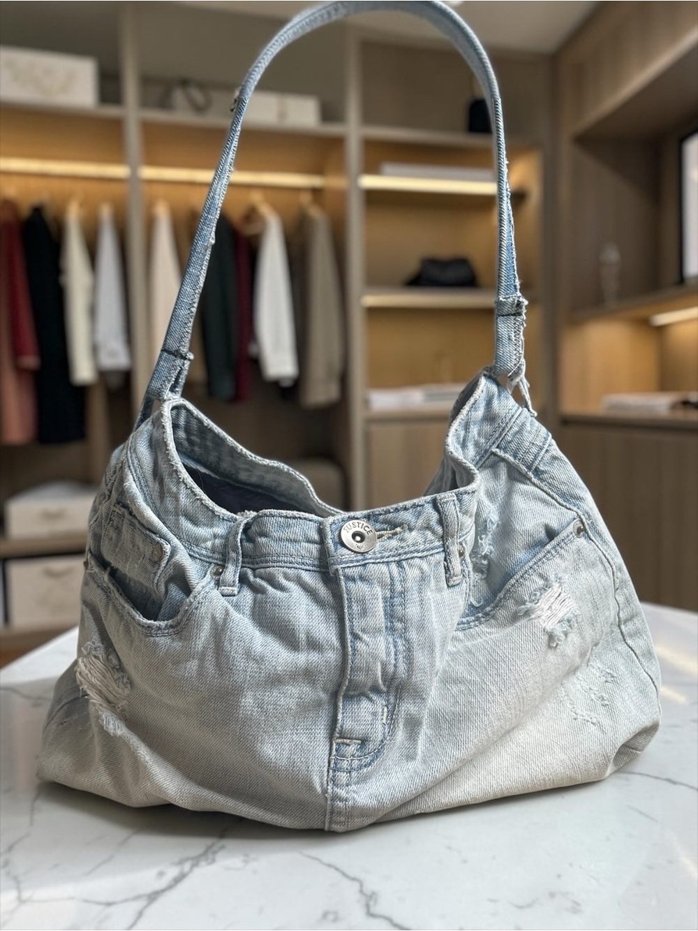Y2K Distressed Blue Denim Hobo Shoulder Bag One Of a Kind Upcycled Jean Purse